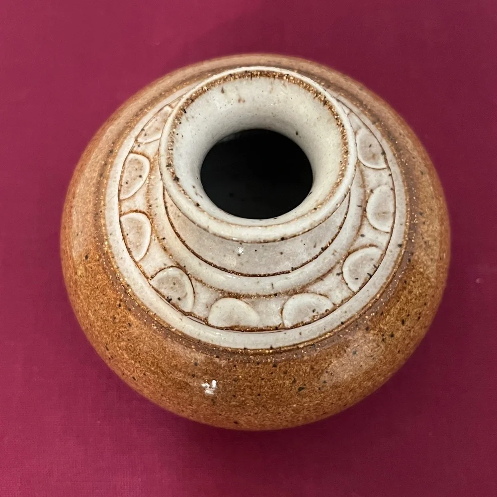 Vintage Art Pottery Signed Brown &‎ Gray Stout Handmade Mediterranean Bud Vase